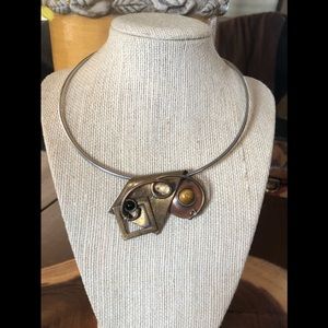 Artisan Crafted Pendant or Pin ~ Brass & Copper with Tiger’s Eye & Red Jasper